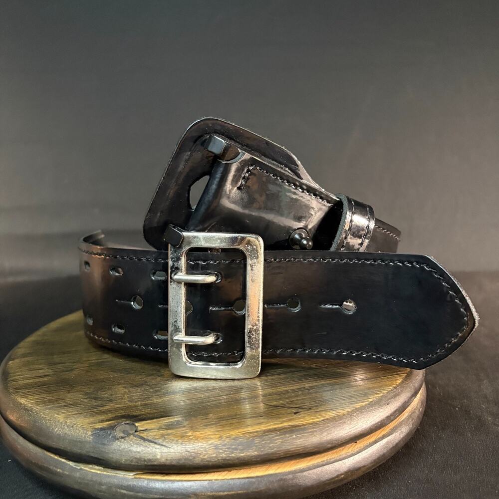 Galls Sam Browne Duty Belt Size 30" Black Hi-Gloss Leather Nickel Buckle 2.25"